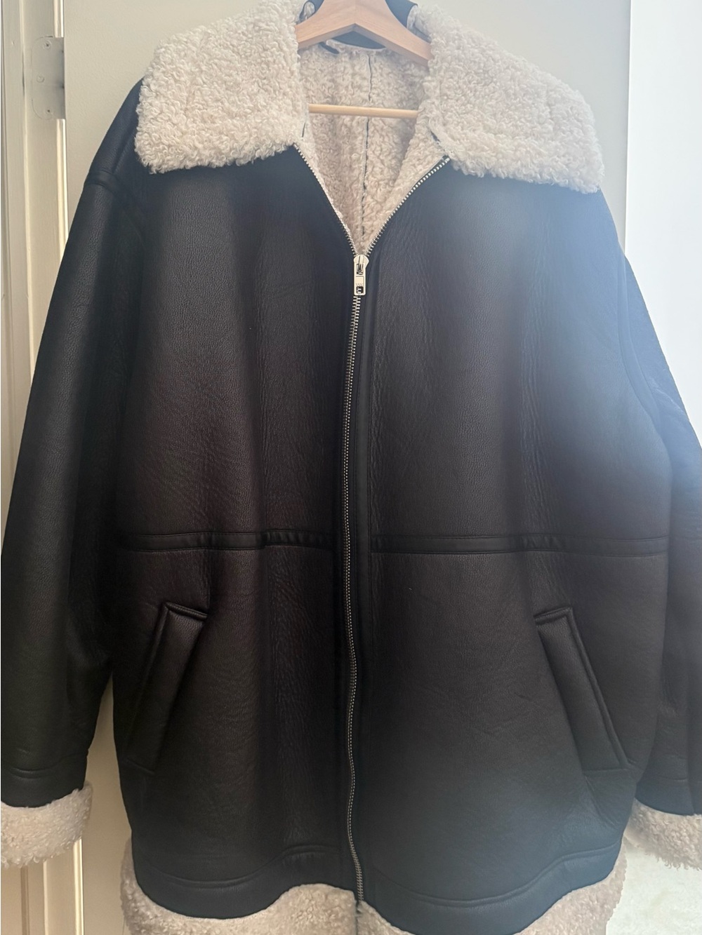 ASOS DESIGN Curve Black Faux Leather Shearling Jacket – Size US 18